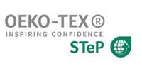 OEKO-TEX® and STeP certification logos displayed, indicating compliance with textile safety and sustainable production standards for swimwear manufacturer.