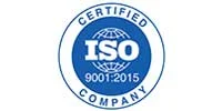 ISO 9001:2015 certified company logo, blue and white circular seal indicating quality management system compliance for swimwear manufacturer.