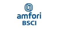 Amfori BSCI certification logo in blue text and circular symbol on white background, indicating ethical supply chain compliance for swimwear manufacturer.