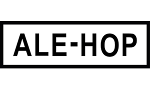 Black and white “ALE-HOP” logo in bold sans-serif font inside a rectangular border, no other visual elements.