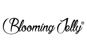 Blooming Jelly brand logo in elegant black cursive script on white background, registered trademark symbol visible.