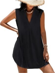 Women’s Sleeveless Collared V Neck Shirt Dress – Casual Loose Fit Mini Beach Cover Up