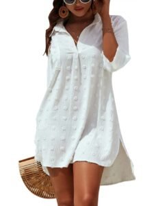 Women’s Swiss Dot Beach Cover Up Shirt Dress V-Neck 3/4 Sleeve High Low Hem Swimsuit Wrap Tunic Top