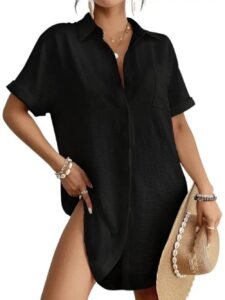 Women’s Casual Button Down Shirt Dress Short Sleeve V Neck Beach Cover Up with Pocket