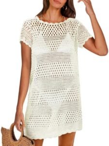 Women’s Hollow Out Crochet Beach Cover Up Dress Short Sleeve Knitted Swimwear