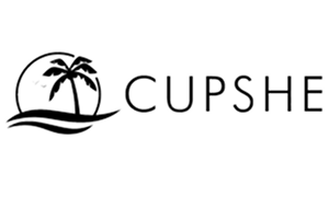Cupshe logo featuring a palm tree within a sun circle above waves, black and white design, brand name in bold sans-serif font.