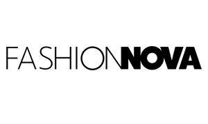 Fashion Nova logo in black text on white background, bold sans-serif font with "NOVA" emphasized.