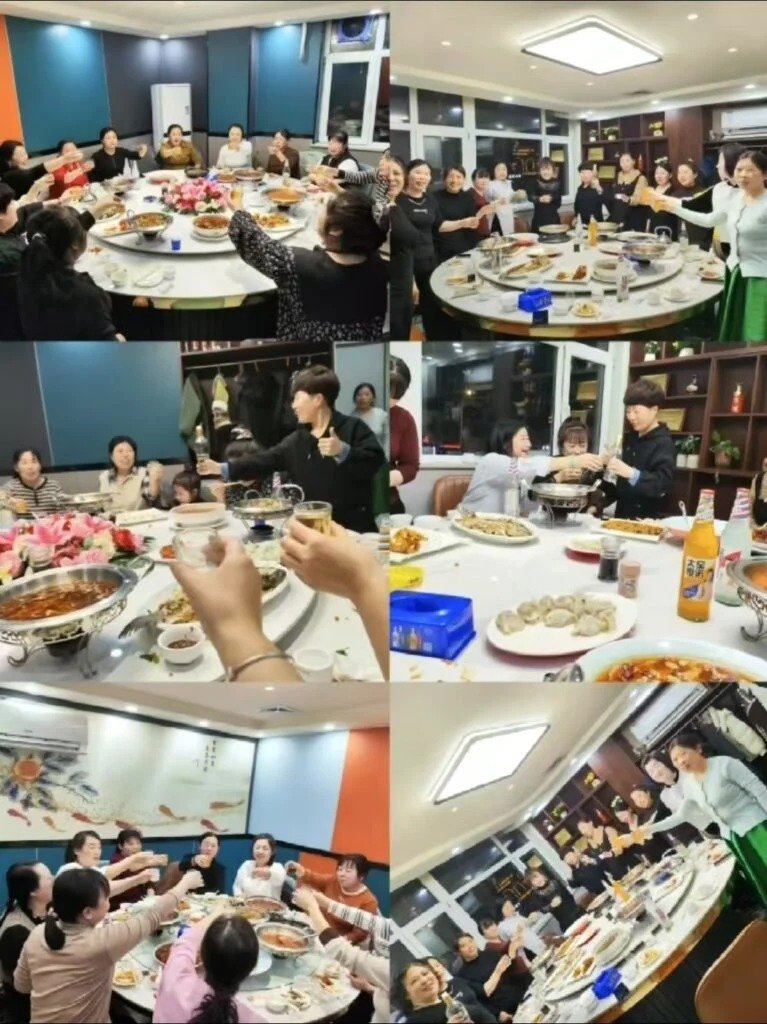 Collage of team members celebrating at a dinner party with round tables, food, drinks, and toasting; indoor setting with modern decor and floral centerpieces.