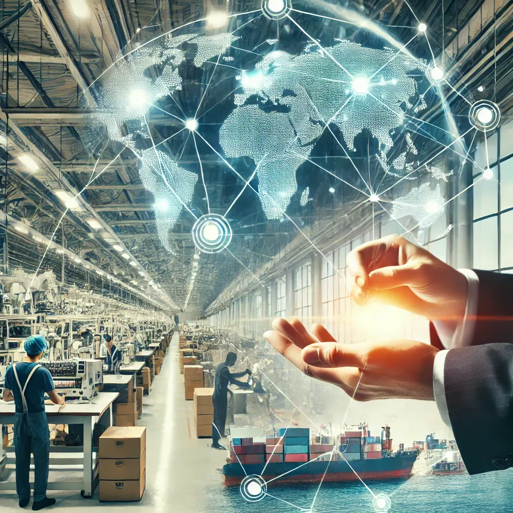 Factory production line with workers sewing, digital world map overlay, cargo ship, and hands holding light—swimwear manufacturer global supply chain in action.