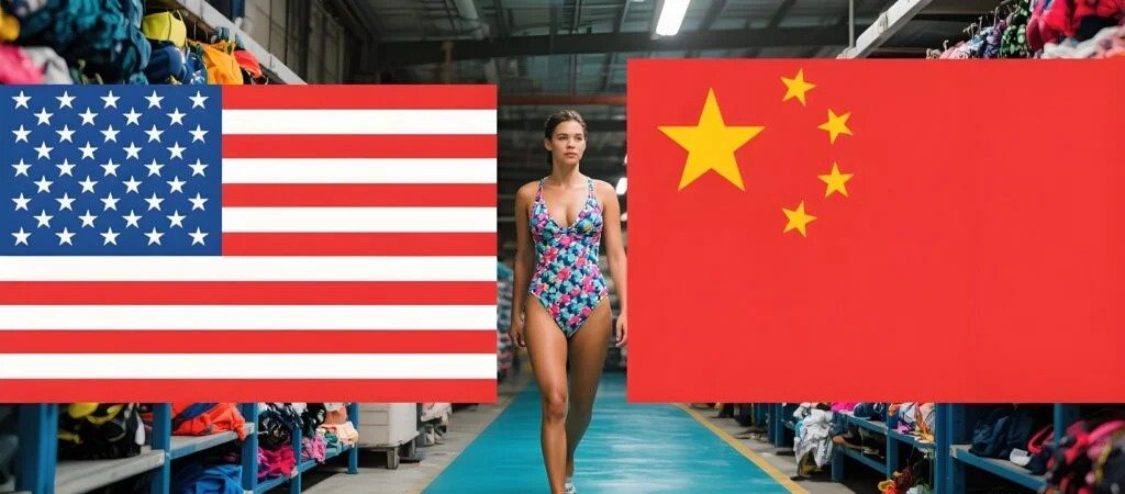 Model walks through factory aisle wearing colorful floral one-piece swimwear, flanked by U.S. and Chinese flags, showcasing international swimwear production.