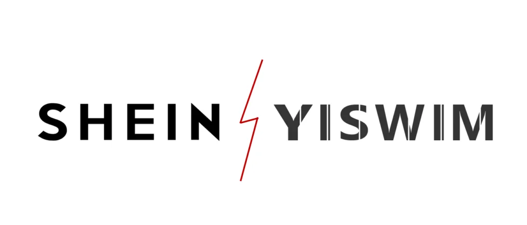 Shein Yiswim logo featuring bold black text with red lightning bolt divider, indicating swimwear brand collaboration.