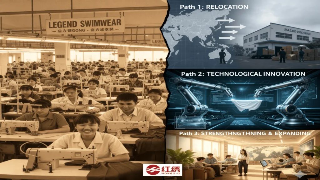 Factory workers in white uniforms operate sewing machines at Legend Swimwear, a Chinese swimwear manufacturer; split view shows relocation, robotic production, and collaborative office settings for technological innovation and expansion.