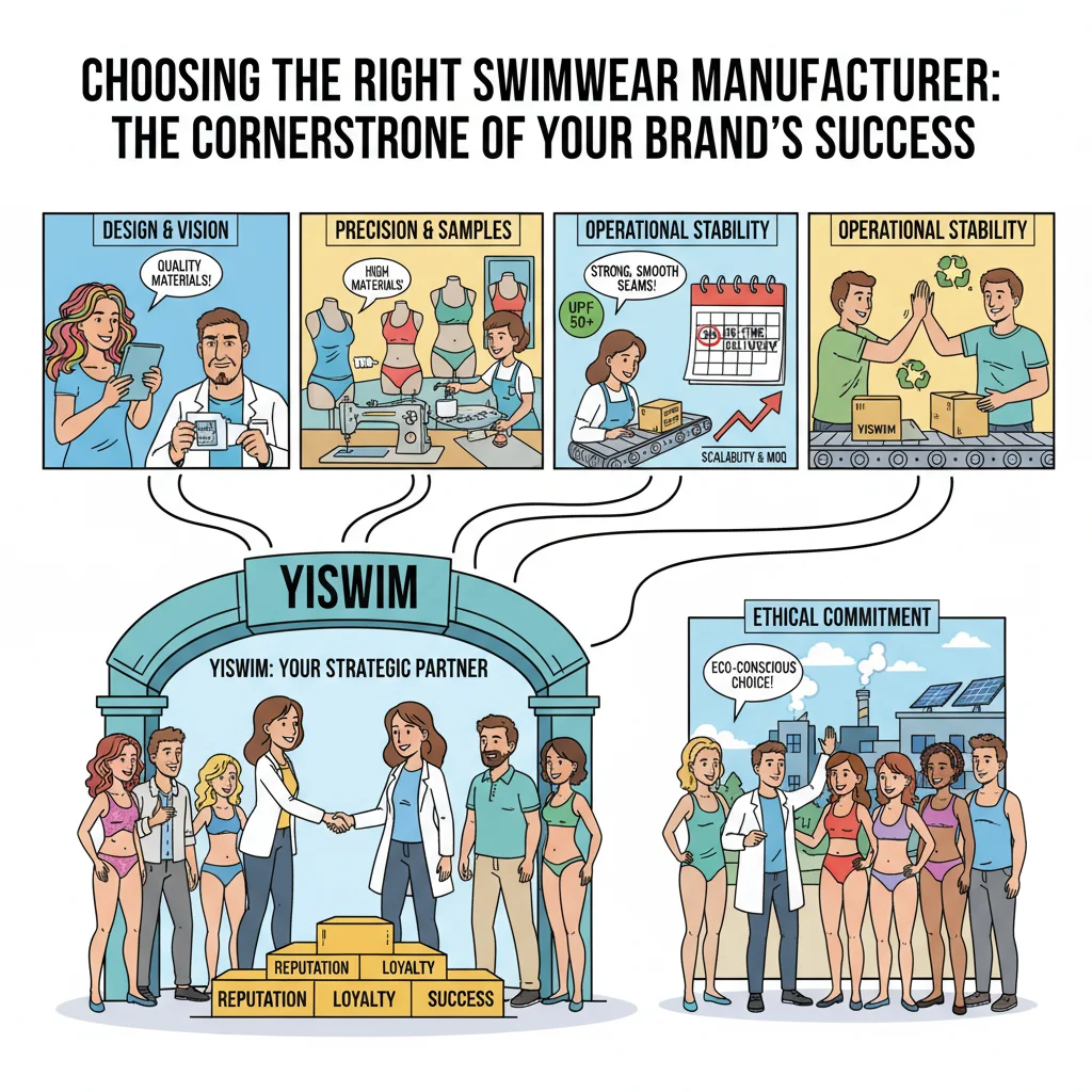 Illustration of YISWIM swimwear manufacturer’s key strengths: design vision with quality materials, precision sampling on sewing machines, operational stability with UPF 50+ seams and scalability, ethical commitment to eco-conscious production.