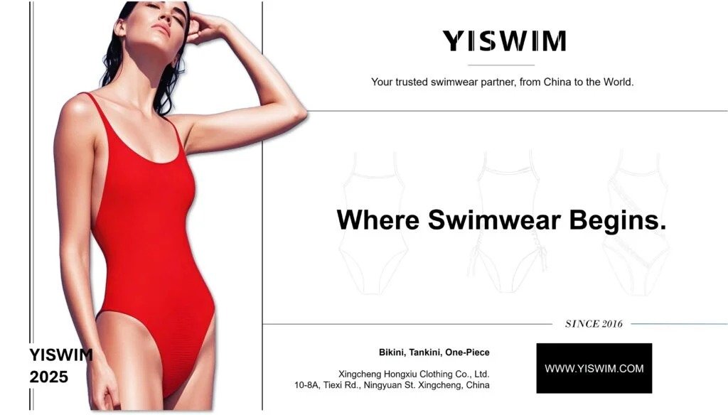 Red high-cut one-piece swimsuit on model, YISWIM brand banner with "Where Swimwear Begins" and manufacturer details for Hongxiu Clothing Co., Ltd.