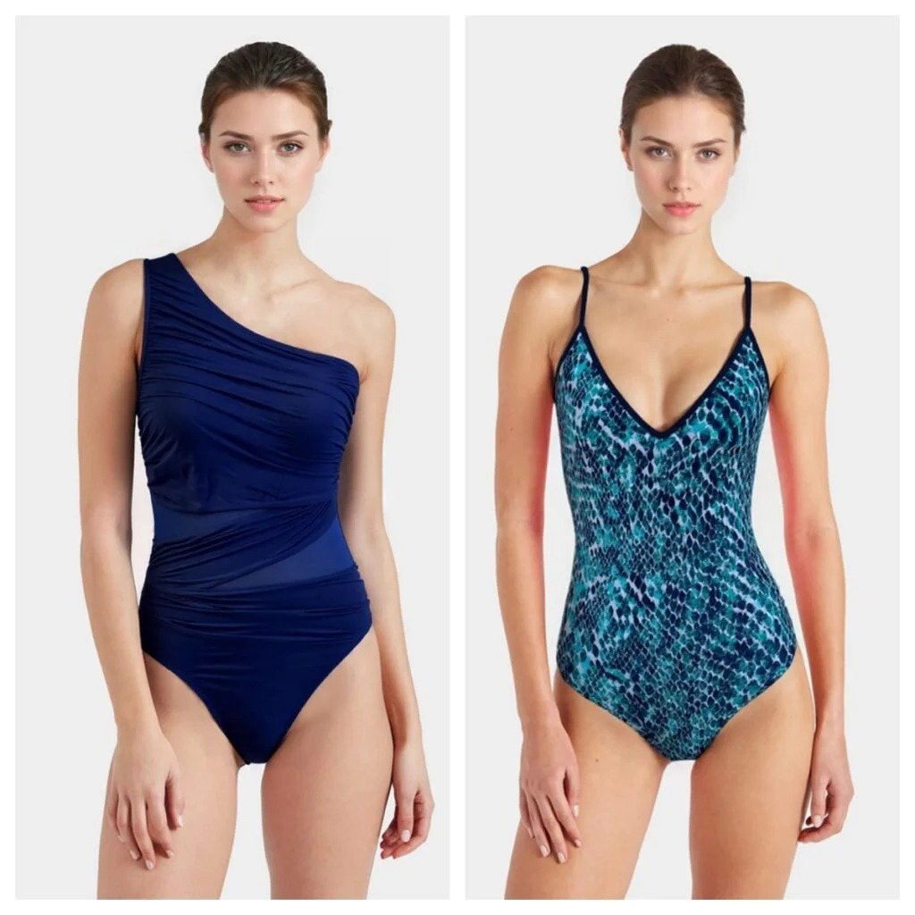 Two women model swimwear: left, navy one-shoulder ruched one-piece; right, teal snake-print V-neck one-piece with black trim.