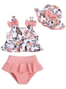 Baby Girl 3Pcs Swimsuit Set Butterfly Print Tankini Top with Ruffle Skirt Bottom and Sun Hat Cute Bowknot Bathing Suit