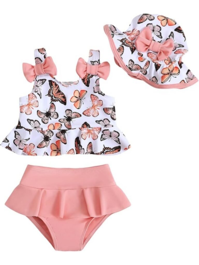 White butterfly-print baby girl swim top with pink bows and ruffled hem, matching pink ruffle bottom, and coordinating sun hat with pink bow—ideal for infant swimwear sets.
