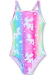 Girls’ One Piece Swimsuit Rainbow Unicorn Print Bathing Suit Gradient Star Moon Monokini Quick Dry Beachwear for Kids