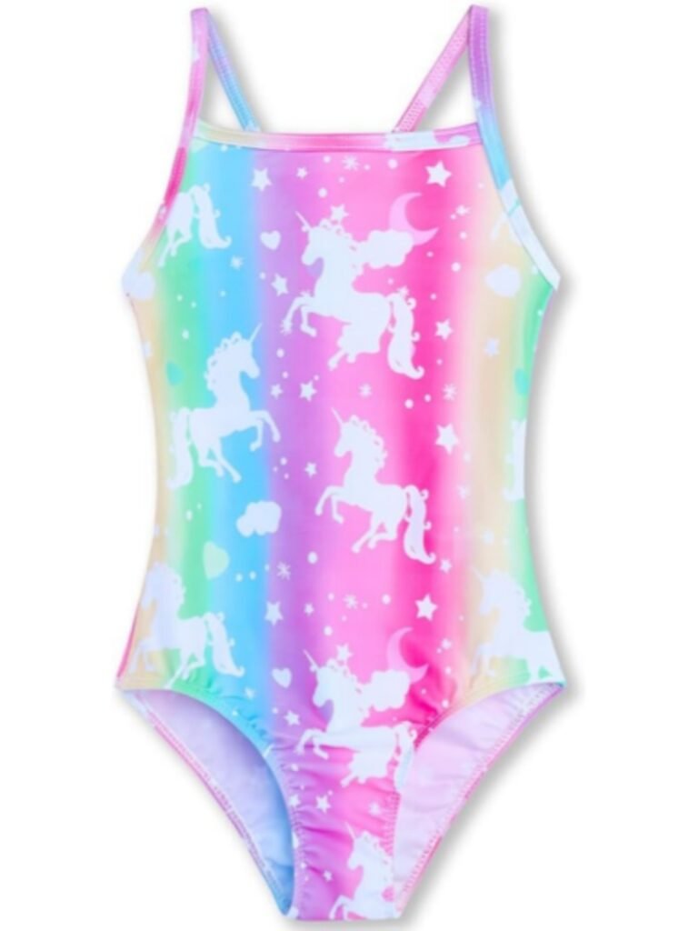 Rainbow gradient girls' one-piece swimsuit with white unicorn, star, and moon print, adjustable straps, stretchy fabric for swimwear manufacturer production.