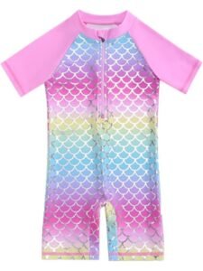 Toddler Girls’ One Piece Rash Guard Swimsuit Rainbow Mermaid Scale Print Short Sleeve Front Zipper Bathing Suit Sun Protection