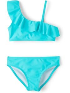 Girls’ 2-Piece Bikini Set Solid Turquoise One Shoulder Ruffle Swimsuit Asymmetrical Bathing Suit Quick Dry Beachwear