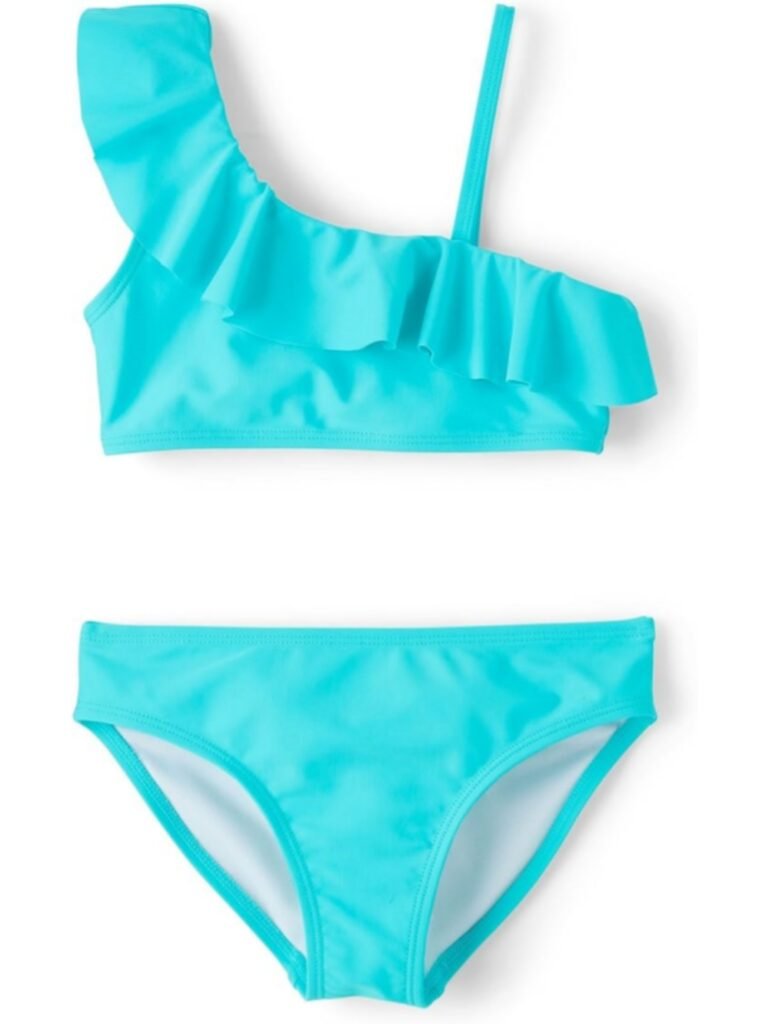 Turquoise one-shoulder ruffle bikini top with matching high-waisted bottoms, smooth stretch swimwear fabric for girls.
