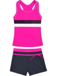 Girls’ 2-Piece Tankini Swimsuit Set Hot Pink Color Block Racerback Top with Black Boy Shorts Athletic Sporty Bathing Suit