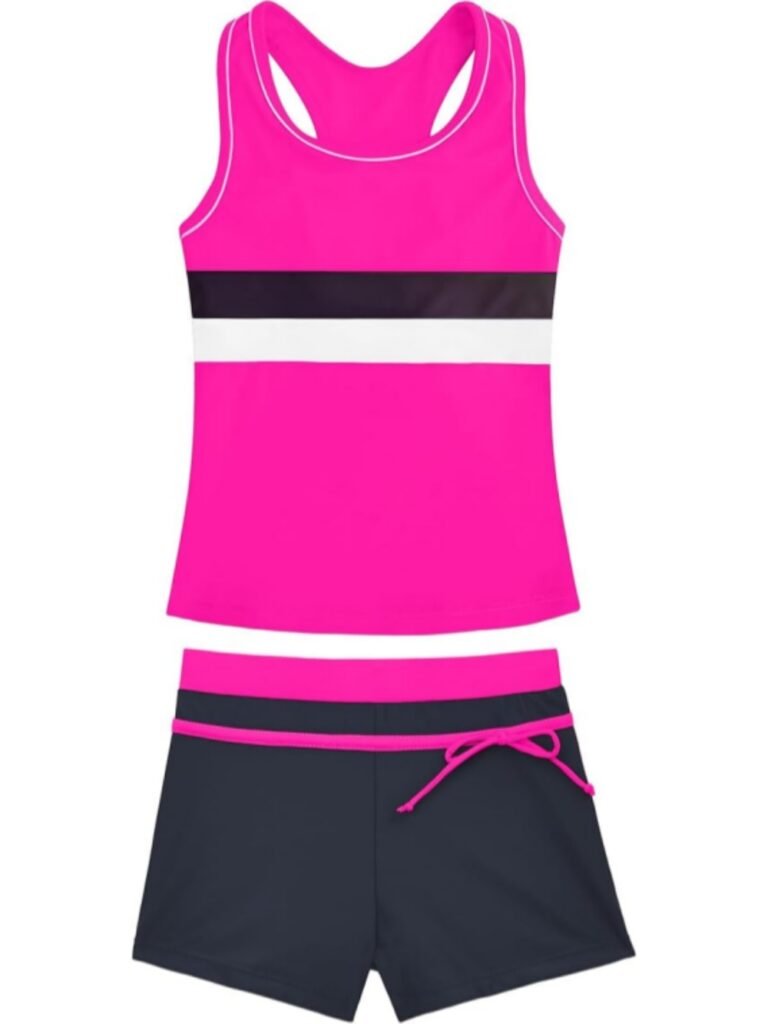 Bright pink racerback tank top with black and white horizontal stripes, paired with dark navy shorts featuring pink waistband and drawstring—ideal for swimwear or activewear production.
