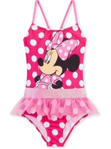 Toddler Girls’ One Piece Swimsuit Pink Polka Dot Cartoon Mouse Print Bathing Suit with Mesh Tutu Skirt