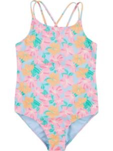 Girls’ One Piece Swimsuit Tropical Floral Print High Neck Cross Back Bathing Suit Hawaiian Beachwear for Kids