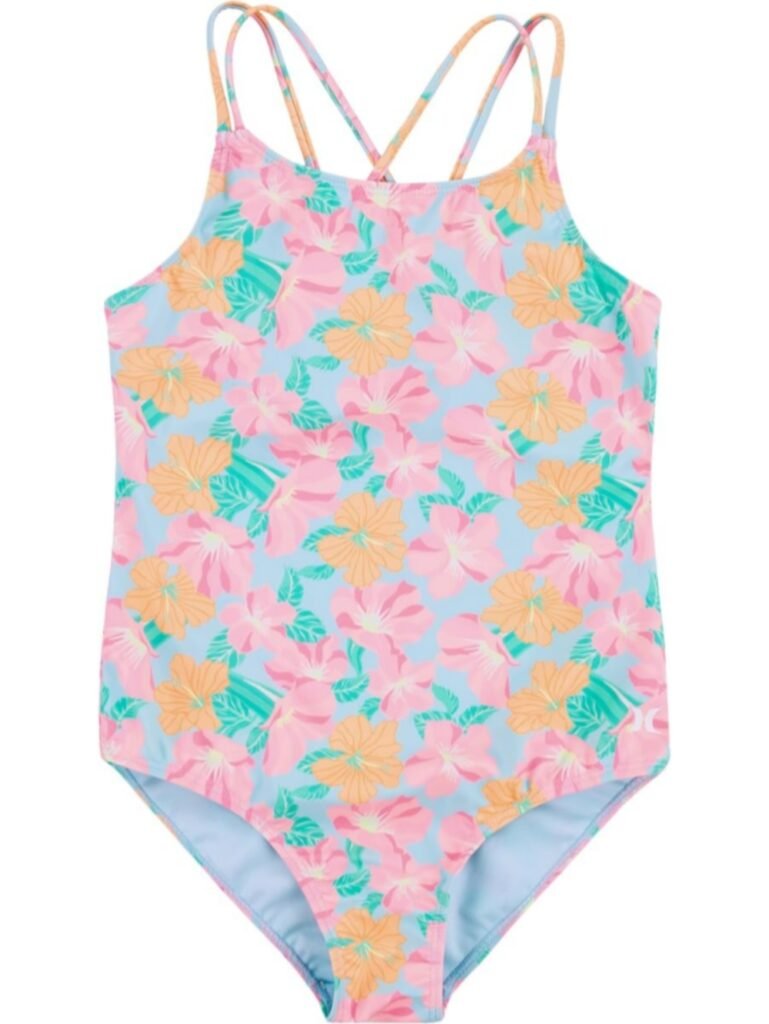 Light blue floral girls’ one-piece swimsuit with pink/orange hibiscus print, crisscross adjustable straps, and Hurley logo on side.