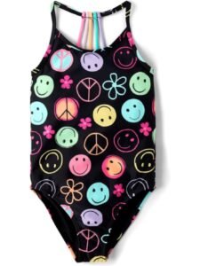 Girls’ One Piece Swimsuit Black Smiley Face & Peace Sign Print Neon Flower Bathing Suit with Colorful Multi-Strap Back Girls’ One Piece Swimsuit Black Smiley Face & Peace Sign Print Neon Flower Bathing Suit with Colorful Multi-Strap Back