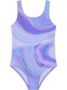 Girls’ One Piece Swimsuit Purple Marble Print Bathing Suit Abstract Blue Agate Swirl Beachwear Quick Dry Kids Swimwear