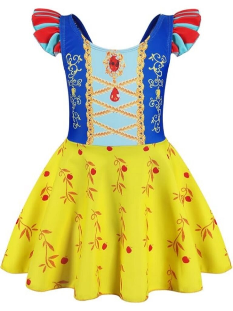 Blue and yellow Snow White-themed children’s swim dress with ruffled red/teal sleeves, apple-patterned skirt, and lace-up bodice, designed for kids’ swimwear production.