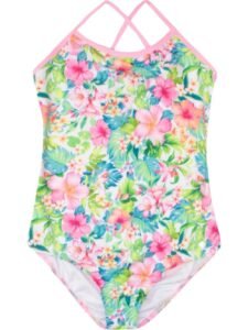Girls’ One Piece Swimsuit White Tropical Floral Print Bathing Suit with Pink Cross Back Straps Hawaiian Beachwear