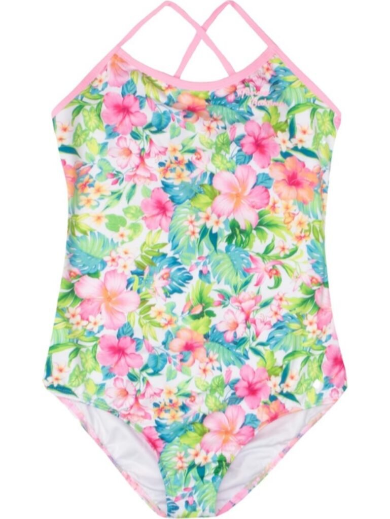 Floral print girls' one-piece swimsuit with pink trim, crisscross halter straps, and tropical flowers on white background.