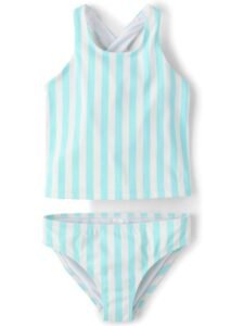 Girls’ Two Piece Tankini Swimsuit Set Aqua Blue & White Striped Bathing Suit with Cross Back Sporty Beachwear