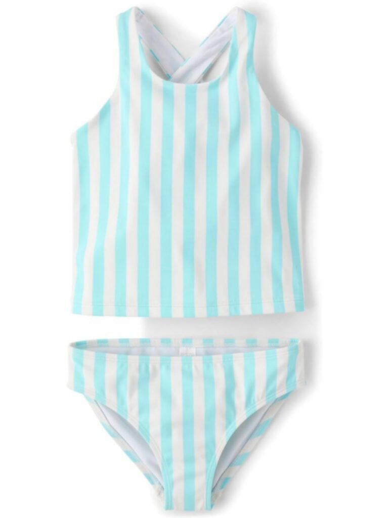 Blue and white striped girls' two-piece swimwear set: tank top with crisscross back and matching bikini bottoms, made from stretchy swimwear fabric.