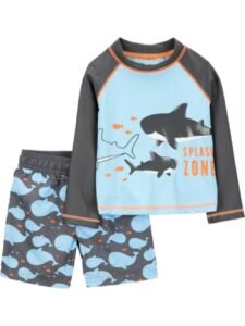 Toddler Boys’ 2-Piece Rash Guard Swimsuit Set Long Sleeve Shark & Whale Print Swim Shirt and Trunks UPF 50+ Sun Protection