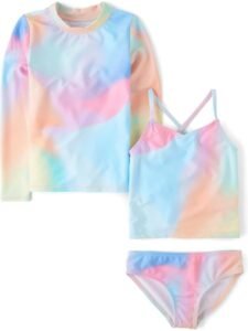 Girls’ 3-Piece Rash Guard Swimsuit Set Pastel Tie Dye Long Sleeve Shirt with Cross Back Bikini Top & Bottoms Sun Protection