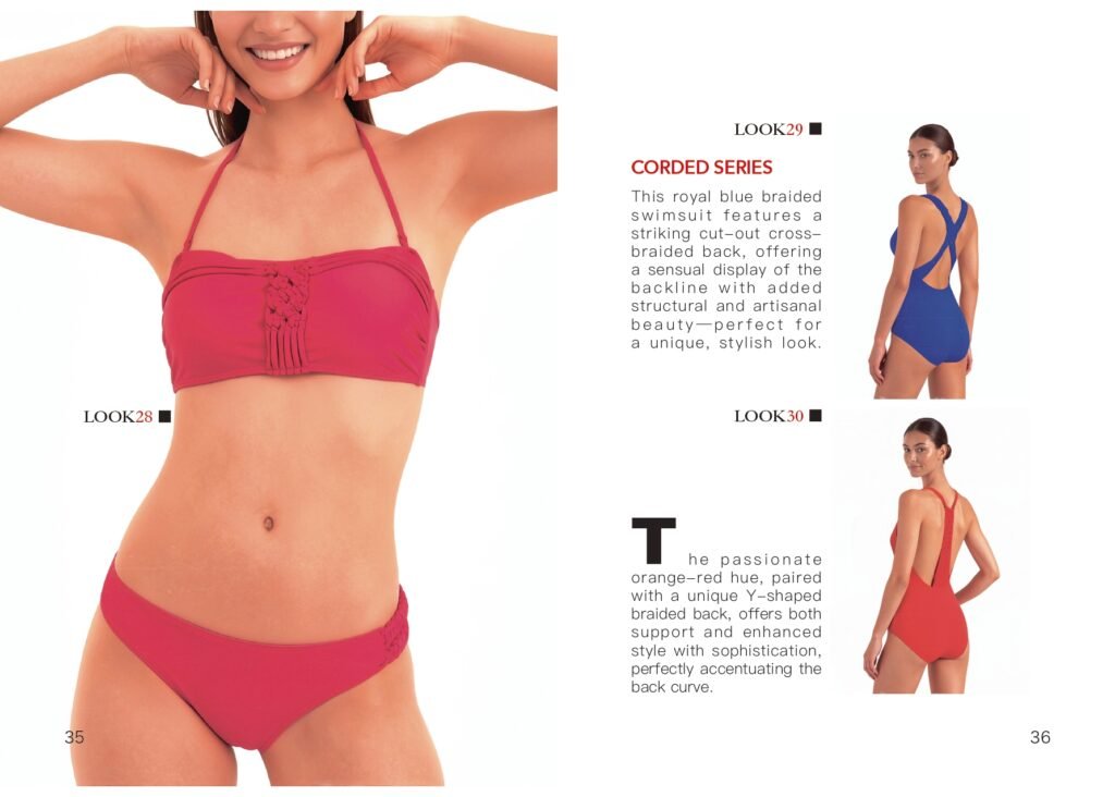 Royal blue braided swimsuit with cut-out cross-braided back, Corded Series; pink Y-shaped braid bikini top and bottom with front lace detail, showcasing artisanal swimwear design.