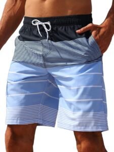Men’s Quick Dry Swim Trunks Color Block Striped Beach Board Shorts with Pockets Elastic Waist Drawstring Bathing Suit