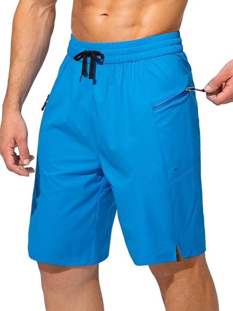 Vibrant blue men's athletic shorts with black drawstring, zippered side pockets, and front slit—ideal for swimwear or active wear production.