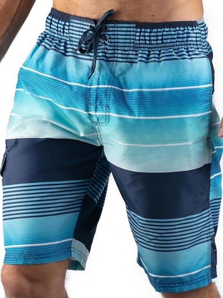 Blue and navy striped men's swim trunks with drawstring waist, featuring gradient stripes and cargo pockets.