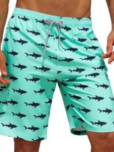 Men’s Quick Dry Swim Trunks Mint Green Shark Print Board Shorts with Cargo Pockets Elastic Waist Drawstring Bathing Suit
