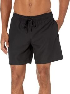 Men’s Quick Dry Swim Trunks Solid Black Board Shorts with Side Pockets Elastic Waist Drawstring Bathing Suit