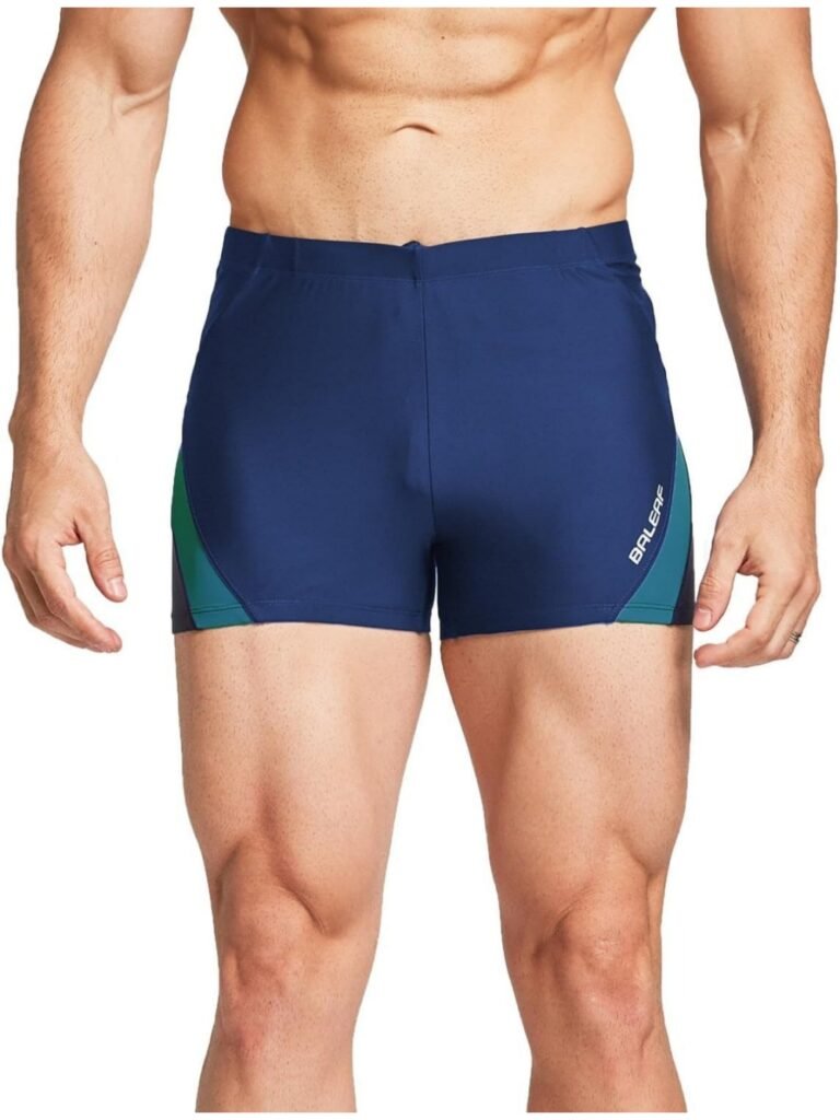 Navy blue men's swim trunks with teal side panels and "BALERF" logo, high-waisted fit, stretch fabric for swimwear production.