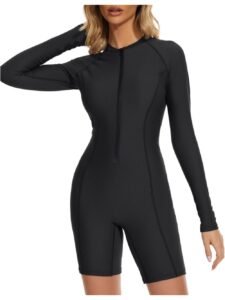 Women’s Long Sleeve Rash Guard One Piece Swimsuit Front Zipper Boyleg Surfing Suit UPF 50+ Sun Protection Diving Skin