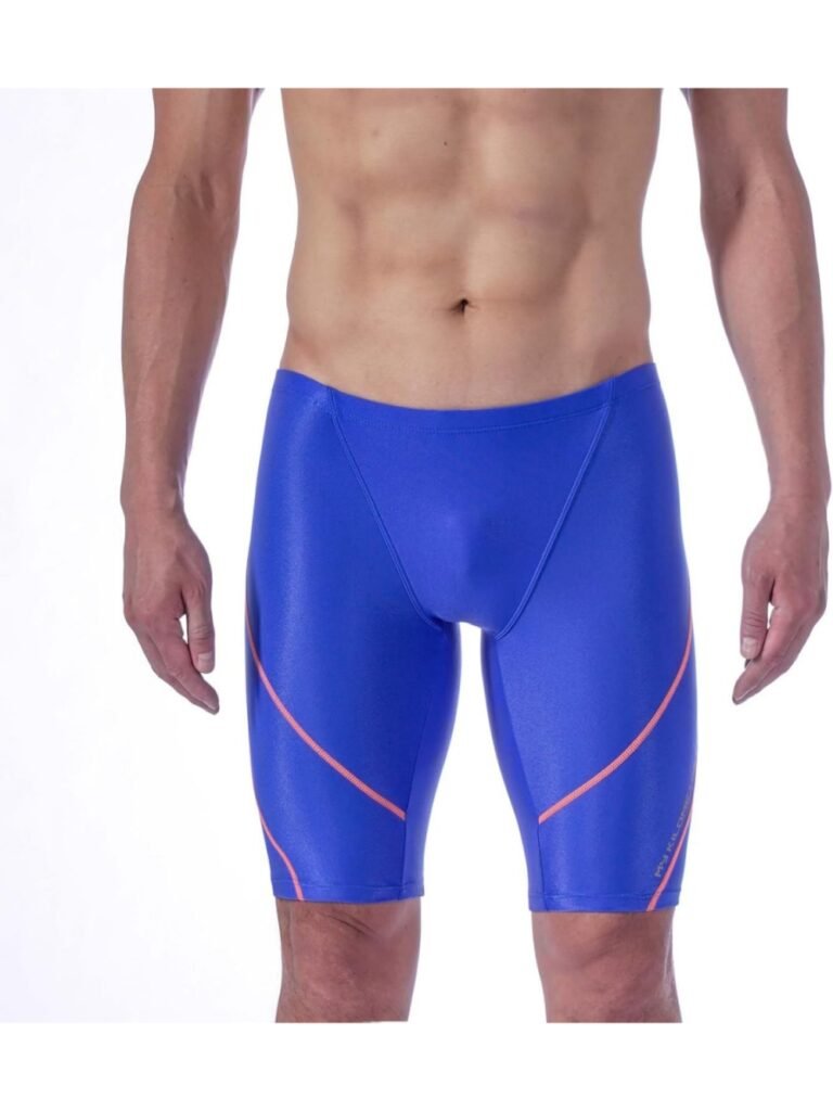 Blue men's competitive swim trunks with orange diagonal stripes, high-cut leg, and seamless paneling for streamlined performance.