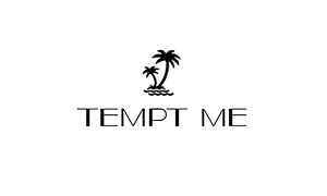 Black palm tree logo above "TEMPT ME" text on white background, brand identity for swimwear manufacturer.